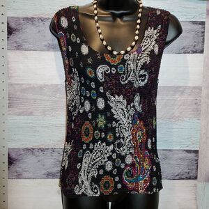 Nicola Waffle Weave Black Bright Floral Tank Blouse, Sz L